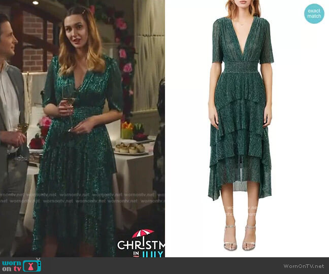 Maje Metallic Thread Plunge Neck High/Low Dress worn by Joy Harper (Katherine Barrell) on Good Witch