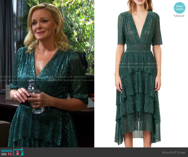 Maje Metallic Thread Plunge Neck High/Low Dress worn by Belle Brady (Martha Madison) on Days of our Lives