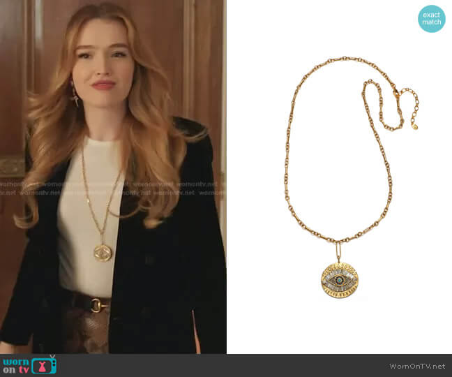 Sequin Super Evil Eye Talisman Medallion Necklace worn by Kirby Anders (Maddison Brown) on Dynasty