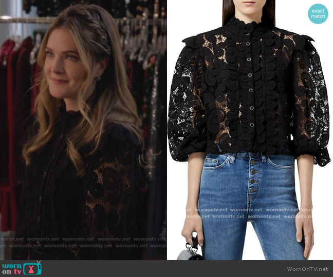 The Kooples High Neck Lace Blouse worn by Sutton (Meghann Fahy) on The Bold Type