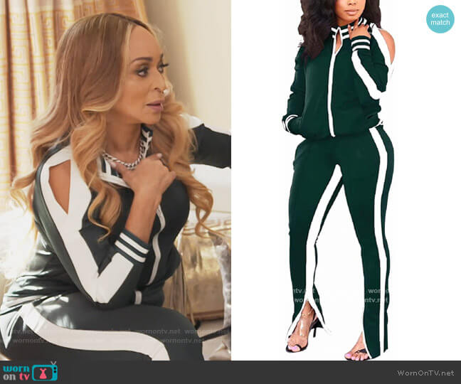 Thusfar Two Piece Cold Shoulder Bodycon Jacket and Pants worn by Karen Huger on The Real Housewives of Potomac