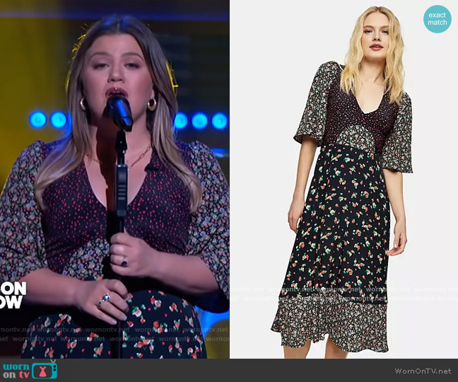 Topshop Floral Mixed Print Midi Dress in multi worn by Kelly Clarkson on The Kelly Clarkson Show