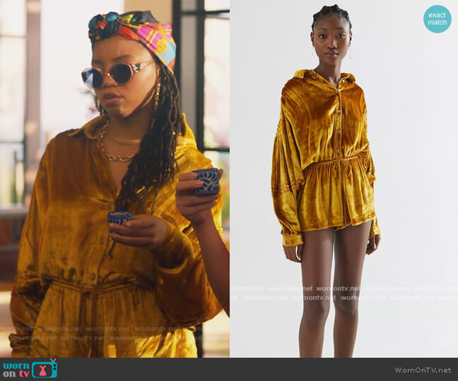 Urban Outfitters Gold Velvet Romper worn by Jazlyn Forster (Chloe Bailey) on Grown-ish
