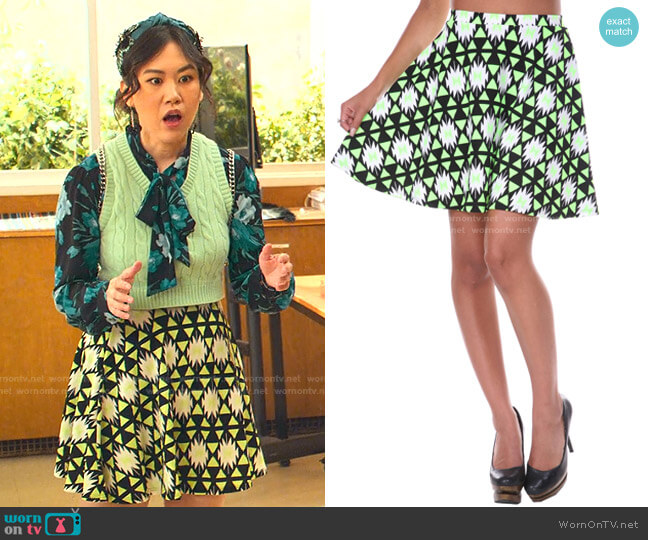 White Mark Triangle Printed Fit and Flare Skirt worn by Eleanor Wong (Ramona Young) on Never Have I Ever