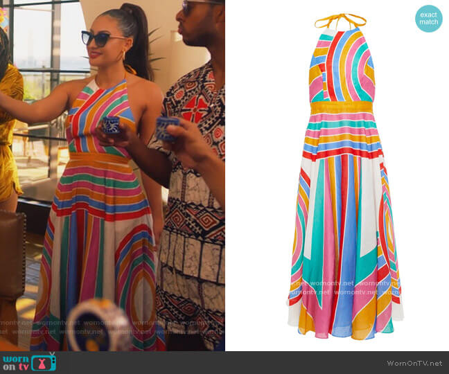 Zimmermann Fiesta striped linen-voile halterneck midi dress worn by Ana Torres (Francia Raisa) on Grown-ish