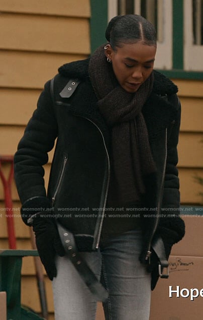 AJ’s black shearling jacket on The Republic of Sarah