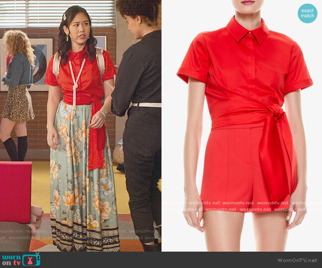 Alice + Olivia Cropped Knotted Blouse worn by Fabiola Torres (Lee Rodriguez) on Never Have I Ever