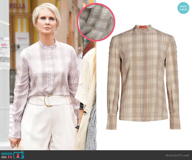 Altuzarra Oleana Top in Dune Grass Ivory Plaid worn by Miranda Hobbs (Cynthia Nixon) on And Just Like That