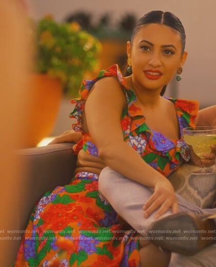 Ana’s orange floral ruffle crop top and skirt on Grown-ish