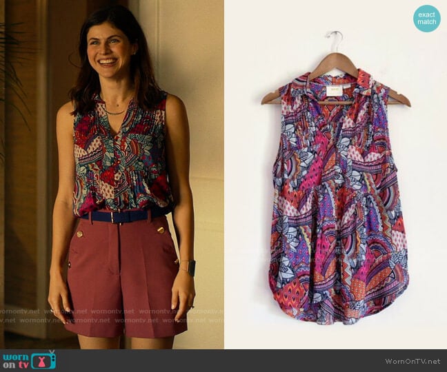 Maeve Whimsical Pintuck Top worn by Rachel Patton (Alexandra Daddario) on The White Lotus
