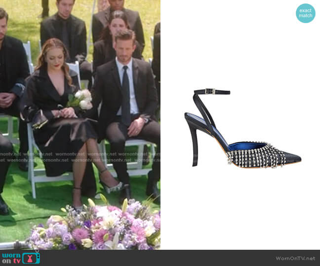 Area Crystal Embellished Satin Pumps worn by Fallon Carrington (Elizabeth Gillies) on Dynasty