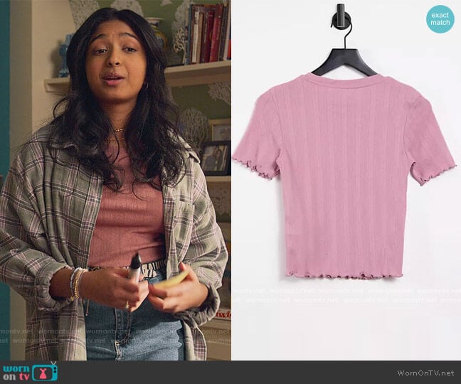 ASOS On pointelle tee in pink worn by Devi Vishwakumar (Maitreyi Ramakrishnan) on Never Have I Ever