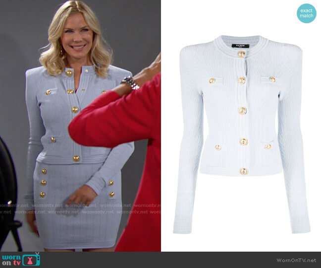Balmain Button Detail Ribbed Knit Cardigan worn by Brooke Logan (Katherine Kelly Lang) on The Bold and the Beautiful