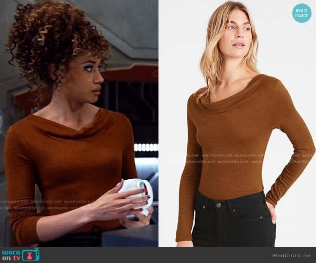 Banana Republic Luxespun Cowl-Neck Thong Bodysuit in The Right Spice worn by Astra Logue (Olivia Swann) on Legends of Tomorrow