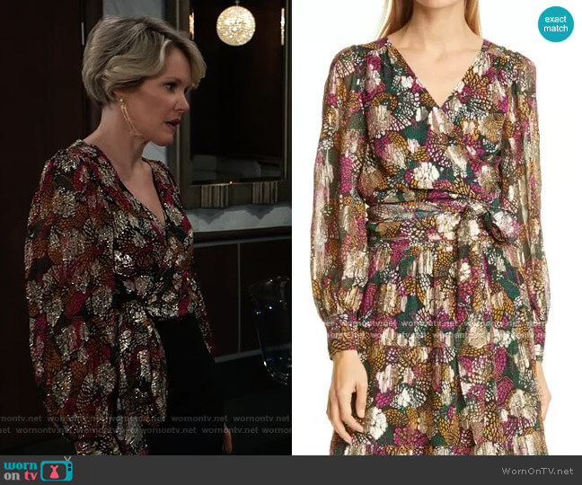 Ba&sh Leia Floral Metallic Wrap Blouse worn by Ava Jerome (Maura West) on General Hospital