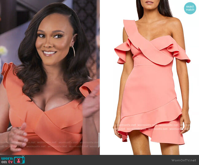 BCBGMAXAZRIA Malik Asymmetric Ruffle Off-the-Shoulder Mini Dress worn by Ashley Darby on The Real Housewives of Potomac