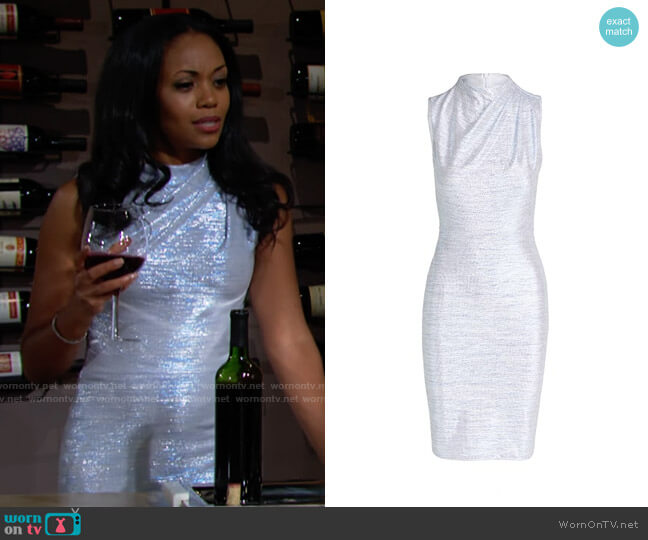Black Halo Corinne Dress in Ocean Blues worn by Amanda Sinclair (Mishael Morgan) on The Young and the Restless
