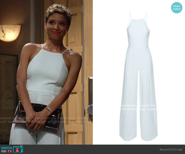 Black Halo Joaquin Jumpsuit in Glacier worn by Elena Dawson (Brytni Sarpy) on The Young and the Restless