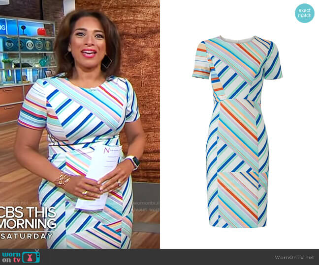 Black Halo Jodee Dress in Frosty Stripe worn by Michelle Miller on CBS Mornings