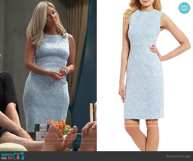 Calvin Klein Printed Jacquard Sleeveless Sheath Dress worn by Carly Spencer (Laura Wright) on General Hospital