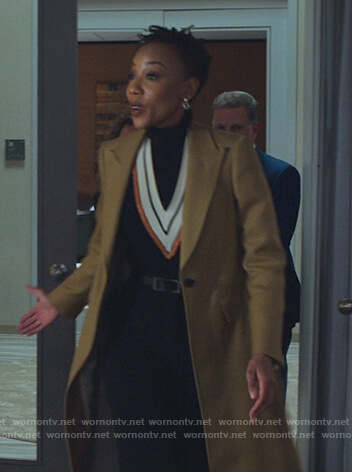 Carmen’s black contrast v-neck sweater on The Good Fight