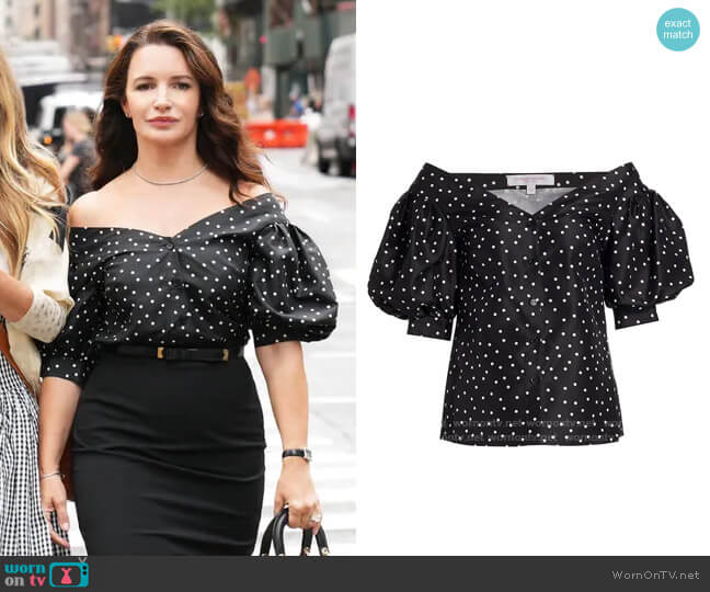 Carolina Herrera Off-The-Shoudler Puff-Sleeve Button Down Top worn by Charlotte York (Kristin Davis) on And Just Like That