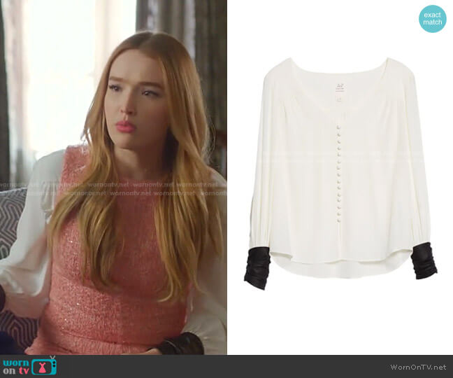 Cinq a Sept Zip Cuff Silk Blouse worn by Kirby Anders (Maddison Brown) on Dynasty