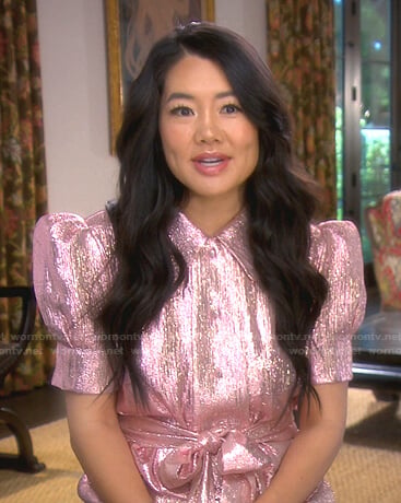 Crystal’s metallic pink tie waist blouse on The Real Housewives of Beverly Hills