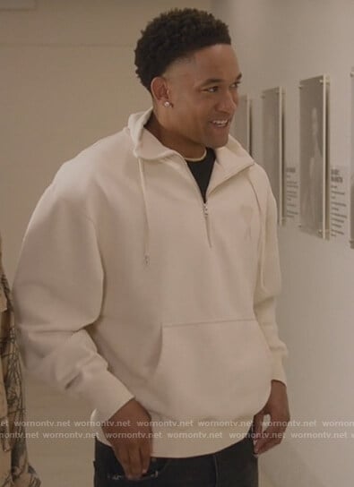 Damon’s white logo embroidered sweatshirt on All American