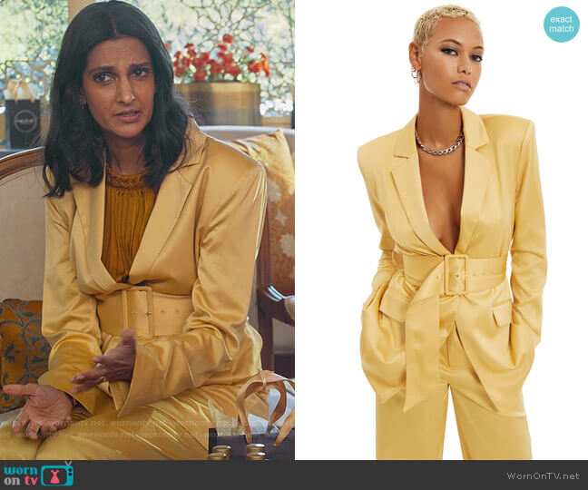 Danielle Bernstein Belted Satin Blazer worn by Nalini Vishwakumar (Poorna Jagannathan) on Never Have I Ever