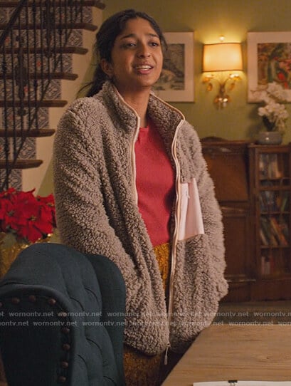 Devi’s green fleece jacket on Never Have I Ever