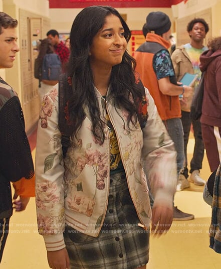 Devi’s floral bomber jacket and plaid skirt on Never Have I Ever