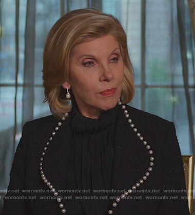 Diane’s black pearl trim coat on The Good Fight