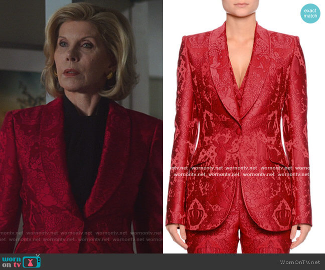 Dolce & Gabbana Single-Breasted Shawl-Collar Cherub-Jacquard Jacket worn by Diane Lockhart (Christine Baranski) on The Good Fight