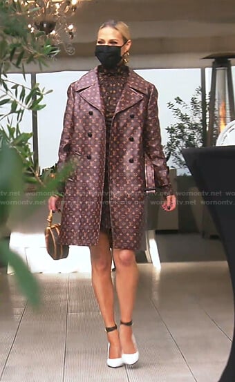 Dorit’s brown monogram print dress and coat on The Real Housewives of Beverly Hills