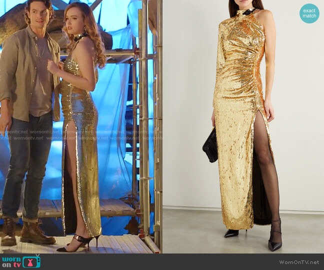 Dundas One-Sleeve Bead-Embellished Sequinned Organza Gown worn by Kirby Anders (Maddison Brown) on Dynasty