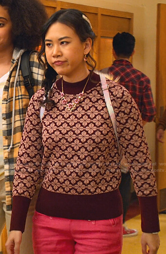 Eleanor’s burgundy floral sweater on Never Have I Ever