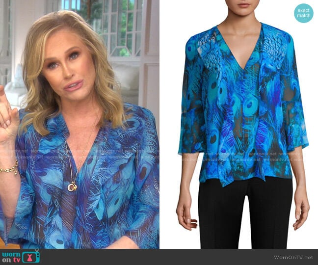 Elie Tahari Faith Peacock-Print Blouse worn by Kathy Hilton on The Real Housewives of Beverly Hills