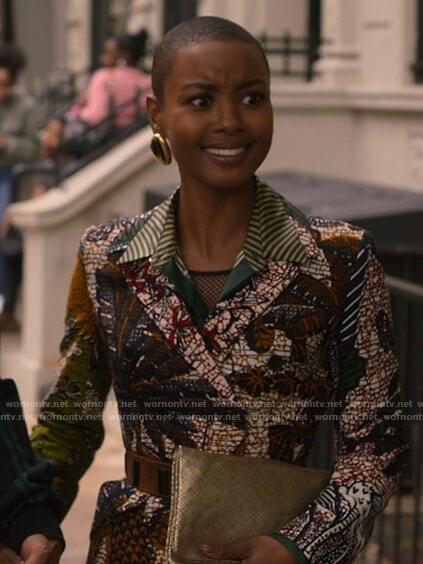 Ella’s graphic printed blazer and striped shirtdress on Run the World
