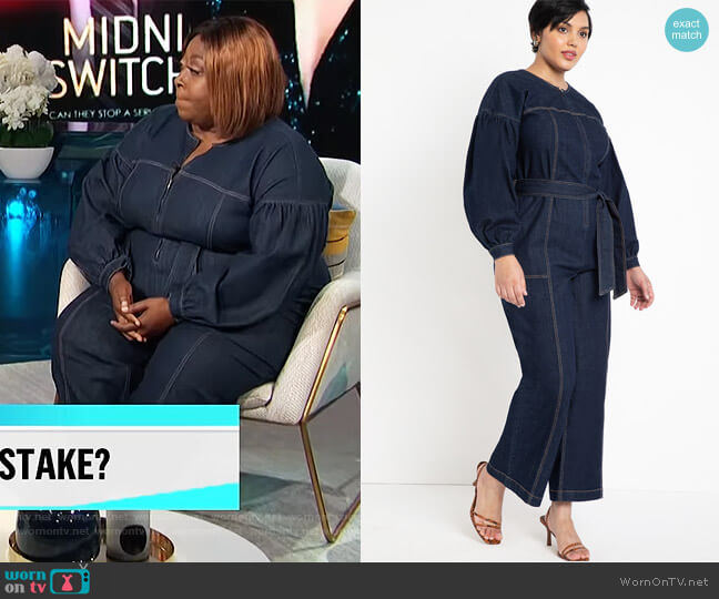 Eloquii Puff Sleeve Denim Jumpsuit worn by Loni Love on E! News