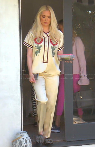 Erika floral satin top and pants on The Real Housewives of Beverly Hills