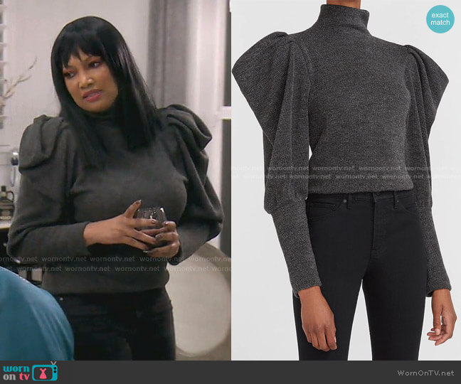 Express Ribbed Puff Sleeve Mock Neck Top worn by Garcelle Beauvais on The Real Housewives of Beverly Hills