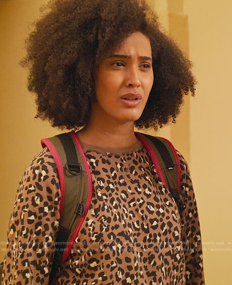 Fabiola’s brown leopard sweatshirt on Never Have I Ever