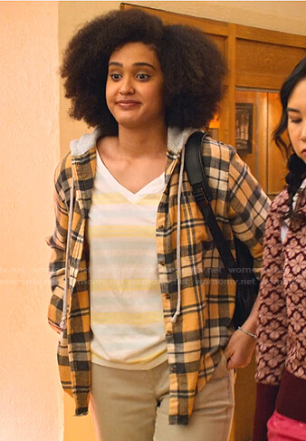 Fabiona’s yellow plaid hooded shirt on Never Have I Ever