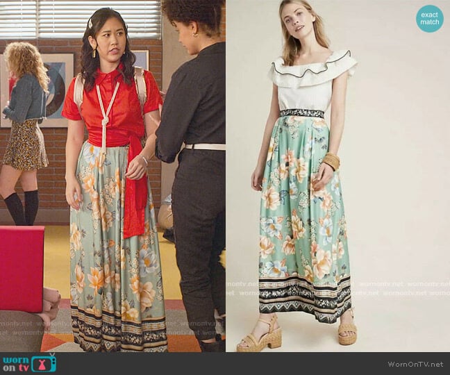 Anthropologie Farm Rio Siren Floral Print Maxi Long Green Skirt worn by Fabiola Torres (Lee Rodriguez) on Never Have I Ever