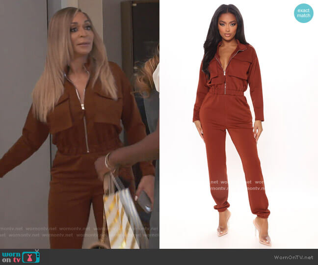 Fashion Nova Isabella Utility Jumpsuit worn by Karen Huger on The Real Housewives of Potomac