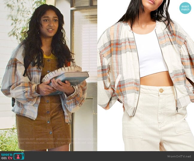 Free People Mattie Plaid Bomber Jacket worn by Devi Vishwakumar (Maitreyi Ramakrishnan) on Never Have I Ever