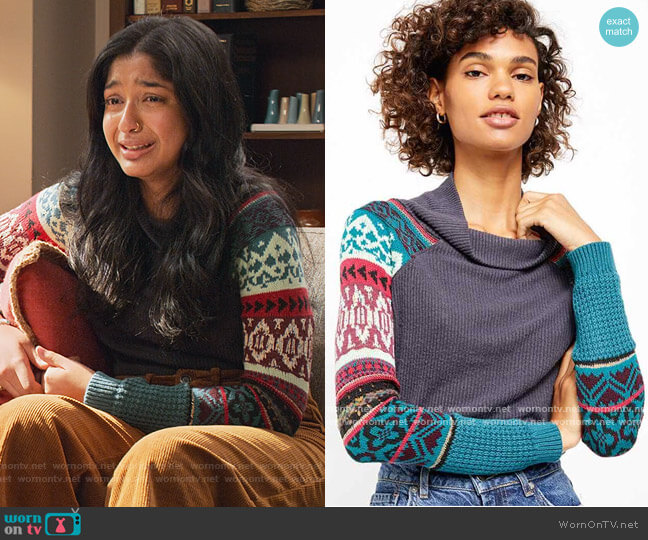 Free People Fair Isle Cowl Neck Sweater worn by Devi Vishwakumar (Maitreyi Ramakrishnan) on Never Have I Ever