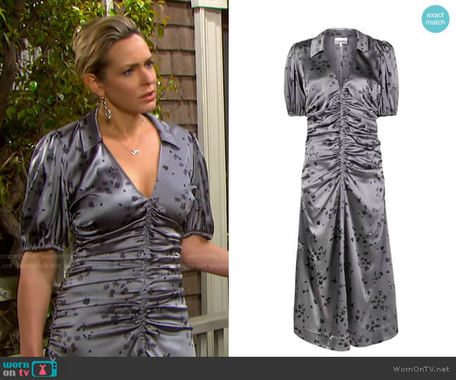 Ganni Floral Ruched Stretch Silk Satin Dress worn by Nicole Walker (Arianne Zucker) on Days of our Lives