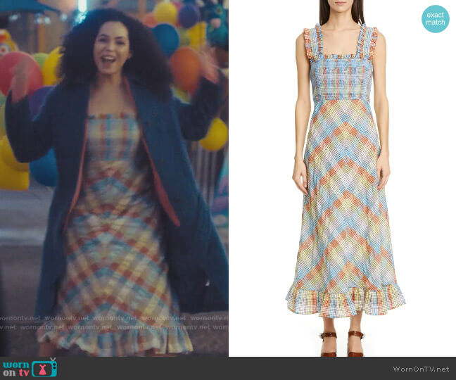Ganni Plaid Smocked Seersucker Midi Sundress worn by Macy Vaughn (Madeleine Mantock) on Charmed